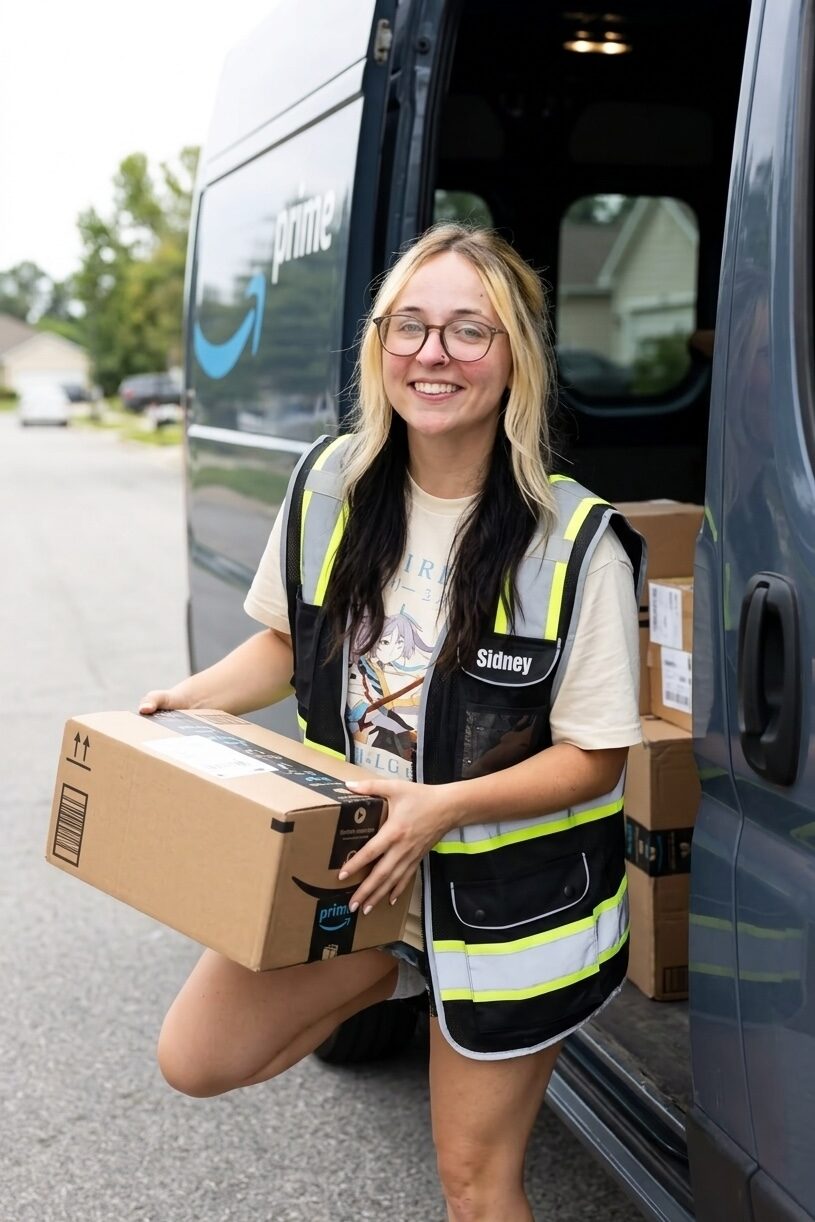 A TALA Logistics delivery associate lifting an Amazon package out of a Prime delivery van on a residential street.